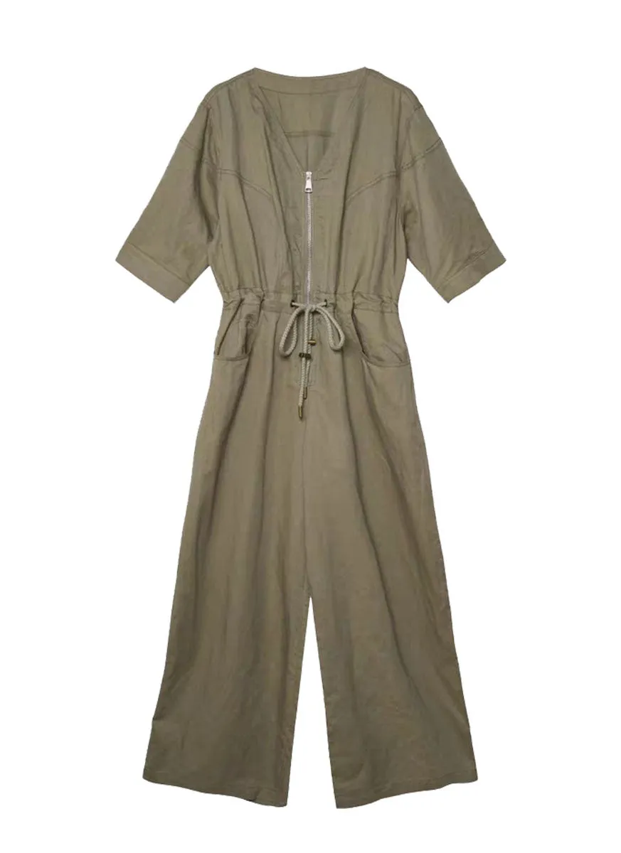 6240025 Linen V-Neck Zipper Jumpsuits *Backorder