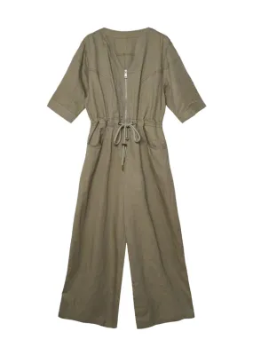 6240025 Linen V-Neck Zipper Jumpsuits *Backorder