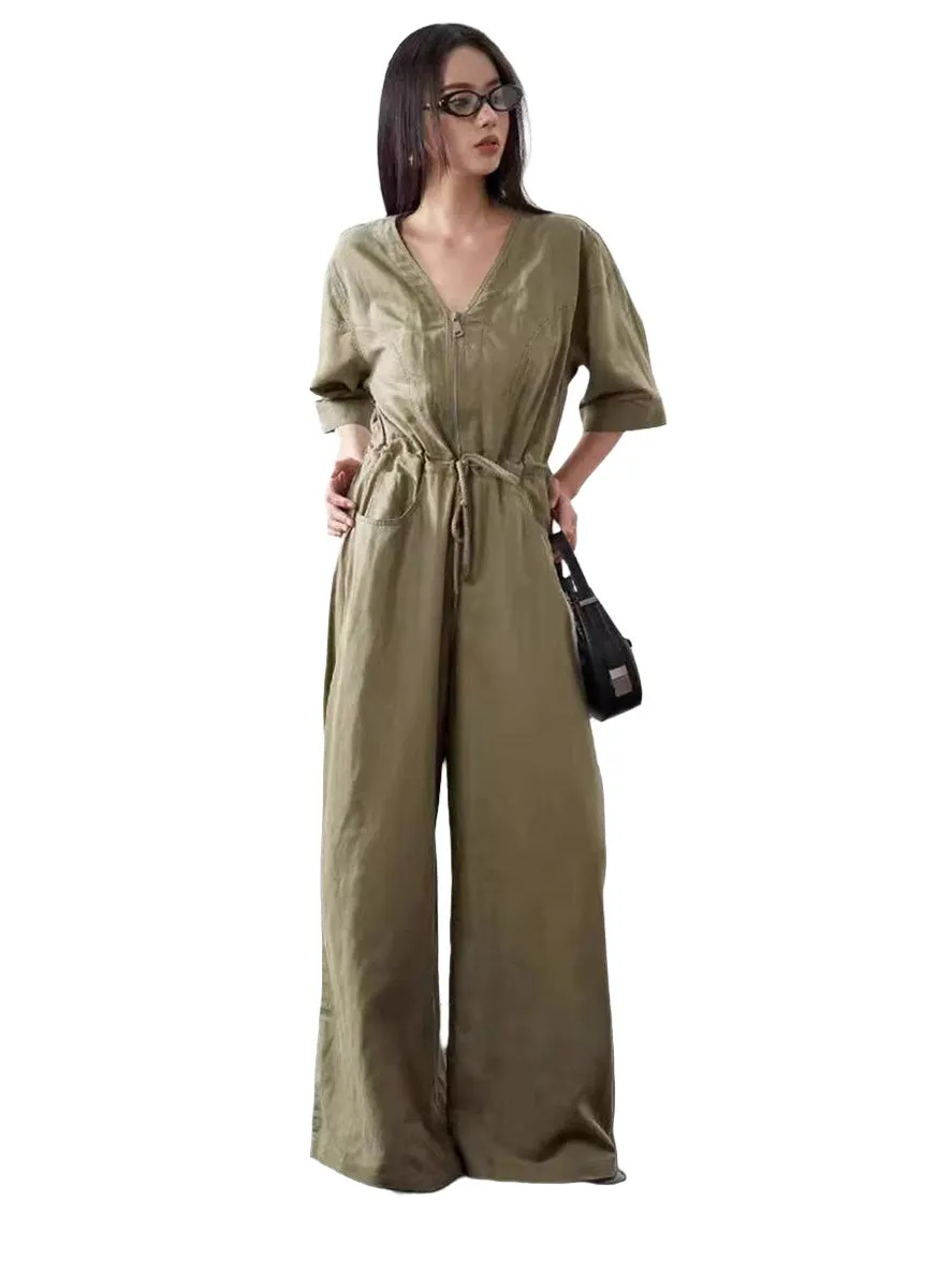 6240025 Linen V-Neck Zipper Jumpsuits *Backorder