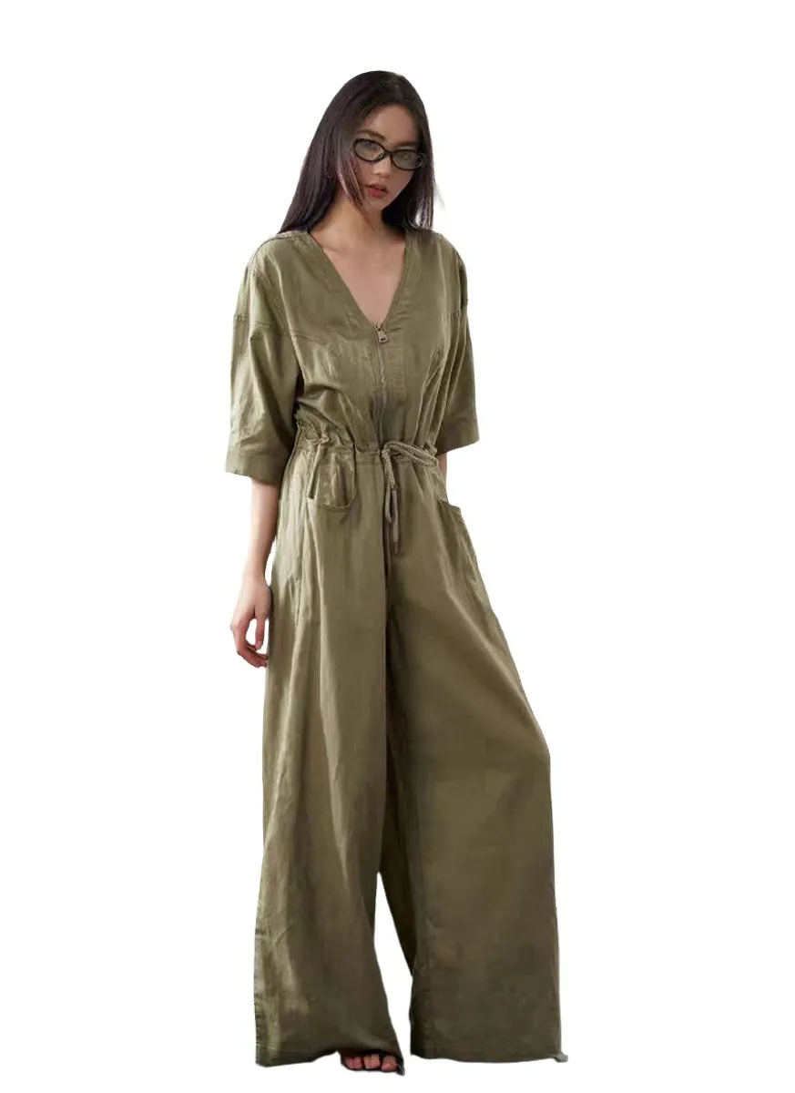 6240025 Linen V-Neck Zipper Jumpsuits *Backorder