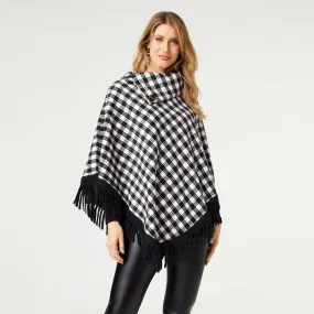 Ivory/Black Sherpa-Lined Poncho with Fringe Detail - Asheville