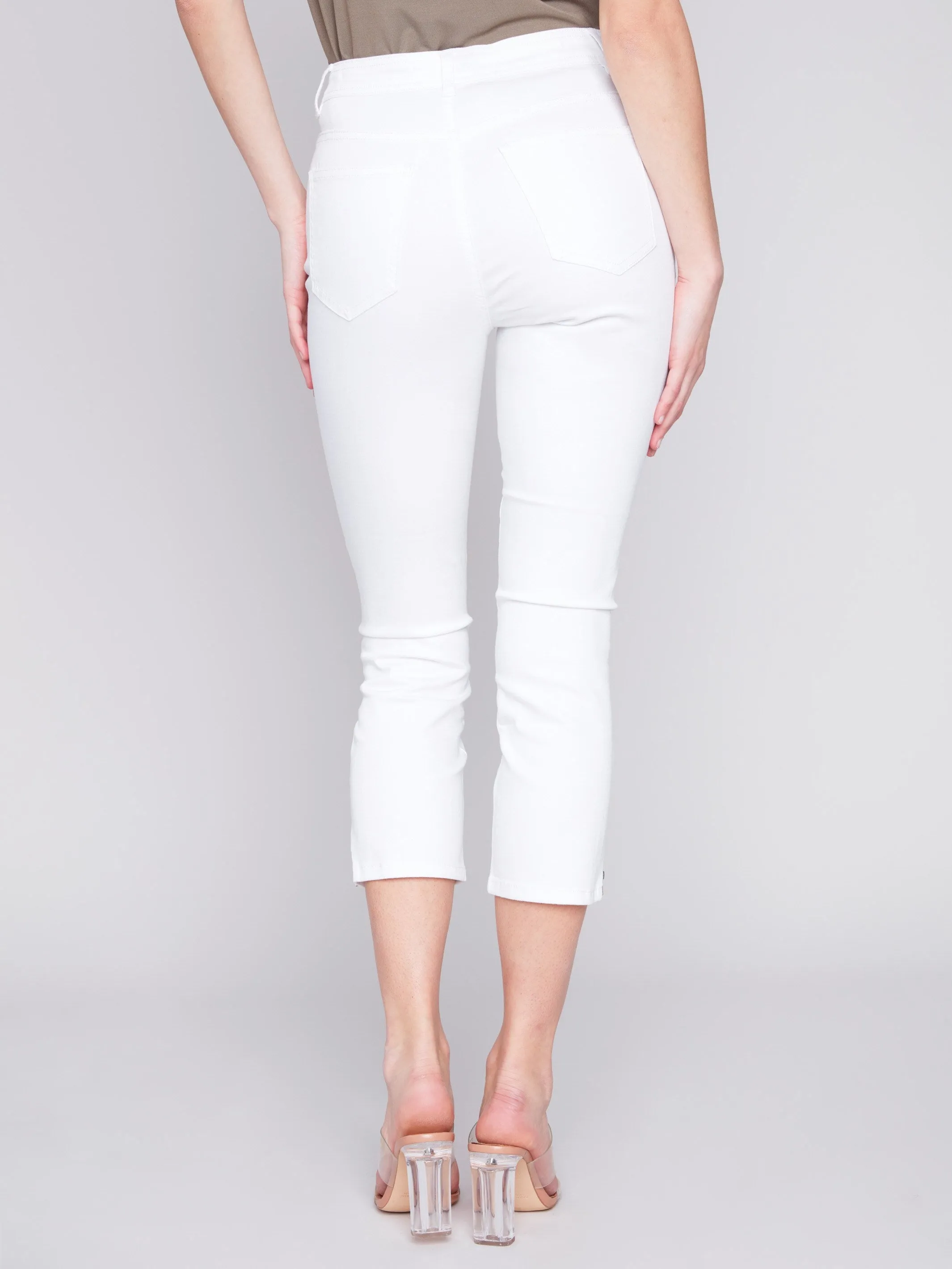 Cropped Twill Pants with Zipper Detail - White