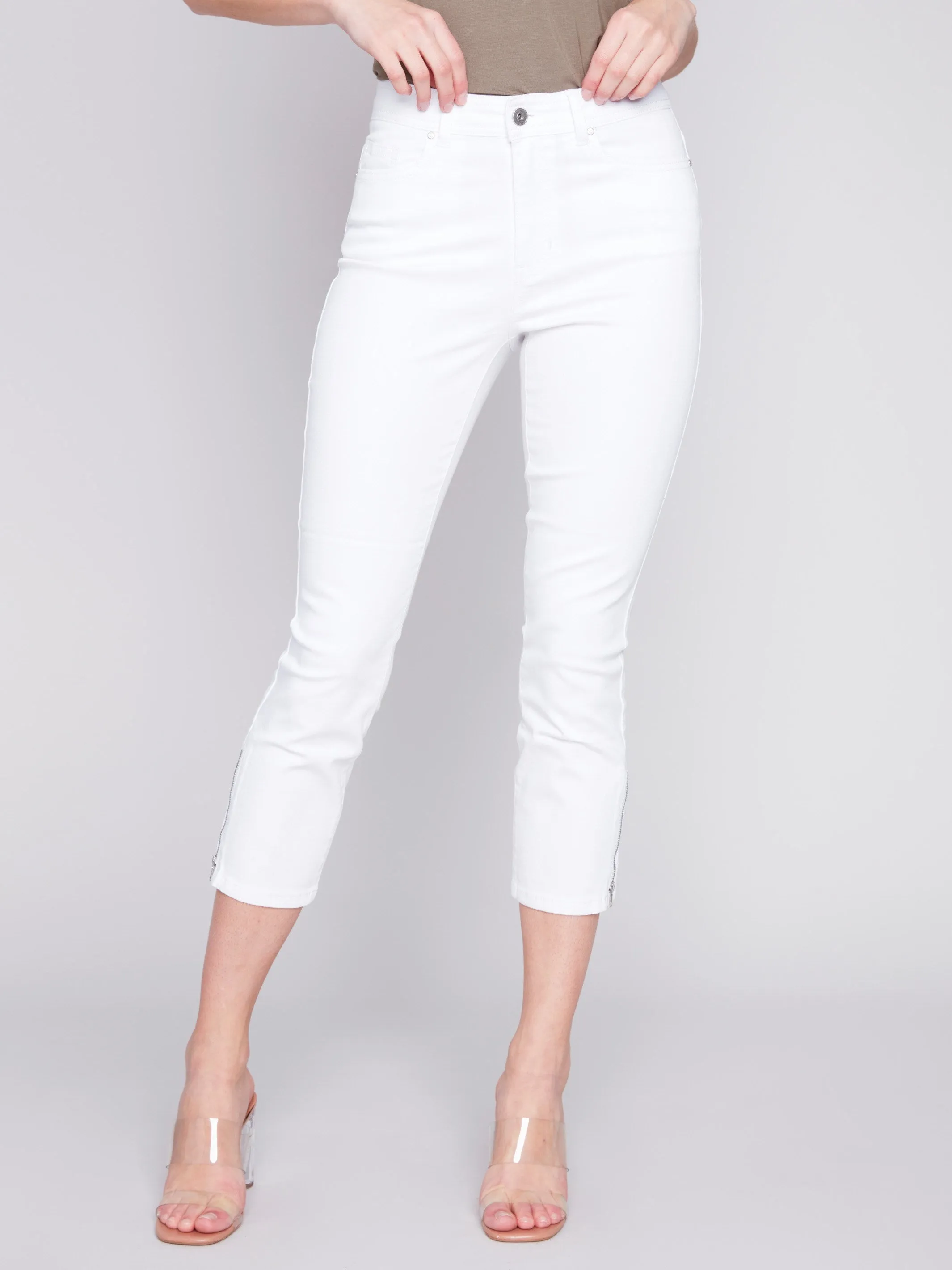 Cropped Twill Pants with Zipper Detail - White