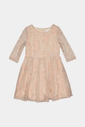 Girls Quarter Sleeve Foiled Box Pleated Skirt Lace Dress