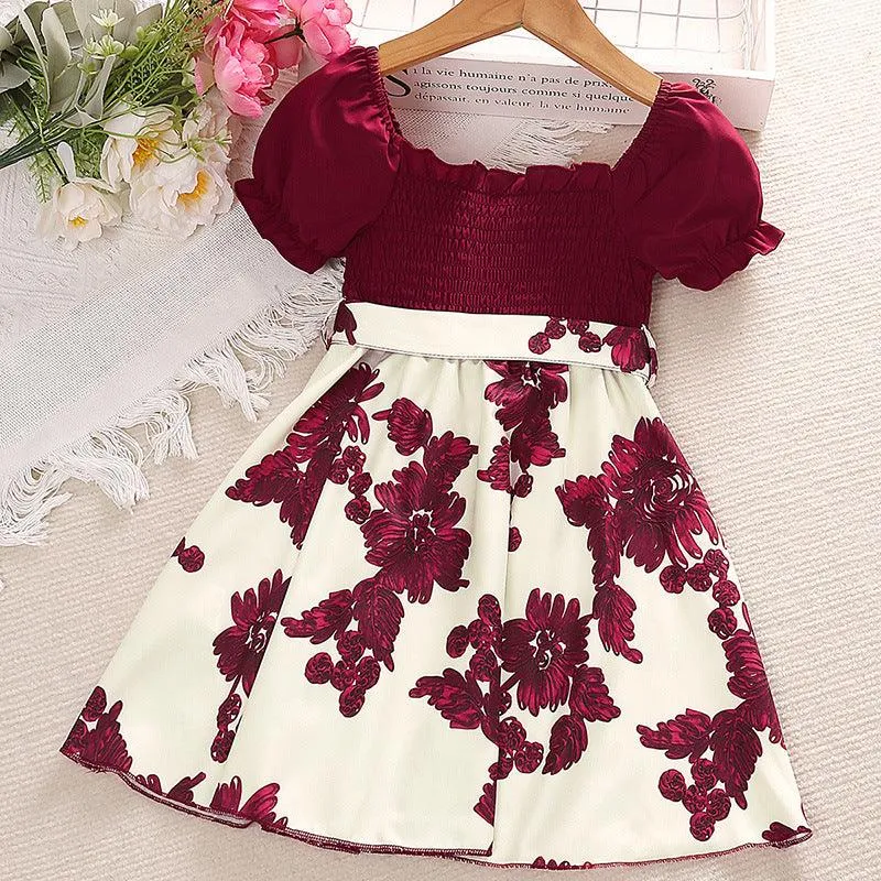 Girls' Summer Patchwork Dress Printed Fashionable Bubble Sleeve Princess Skirt