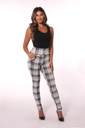 High Waist Sculpting Treggings With Zipper Pocket Trim - Sage & White Plaid