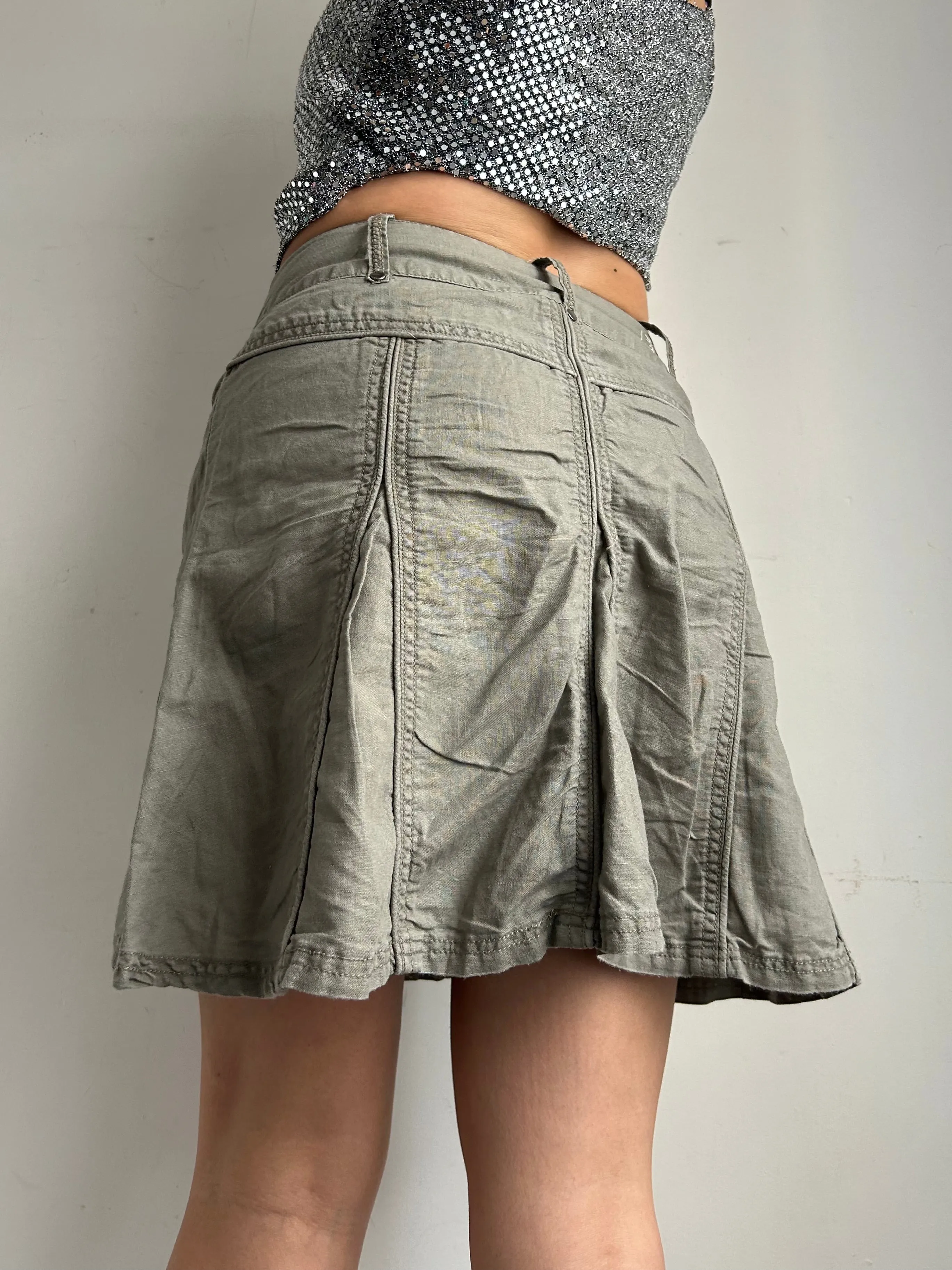 Khaki linen pleated mini skirt (S/M)