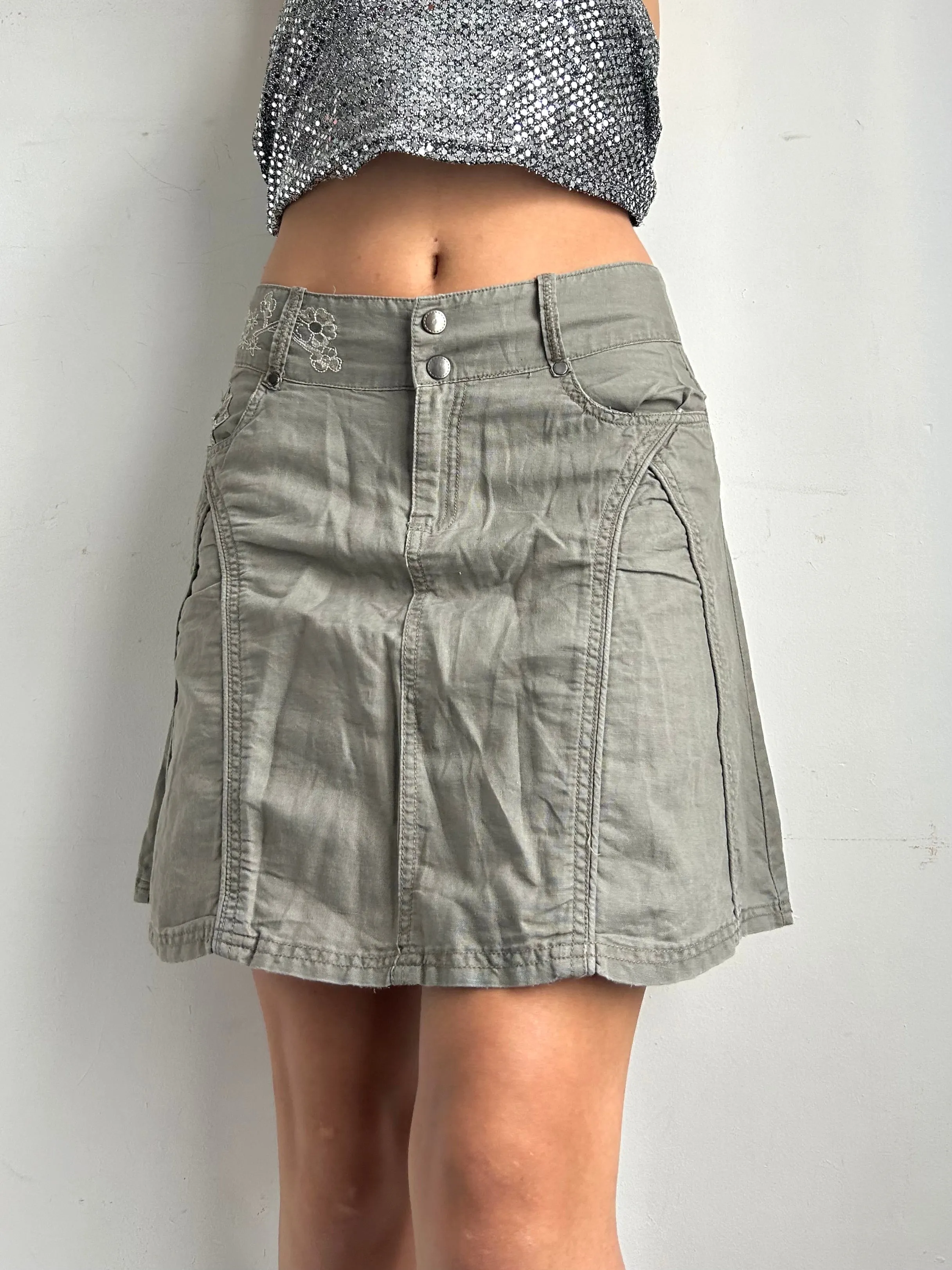 Khaki linen pleated mini skirt (S/M)