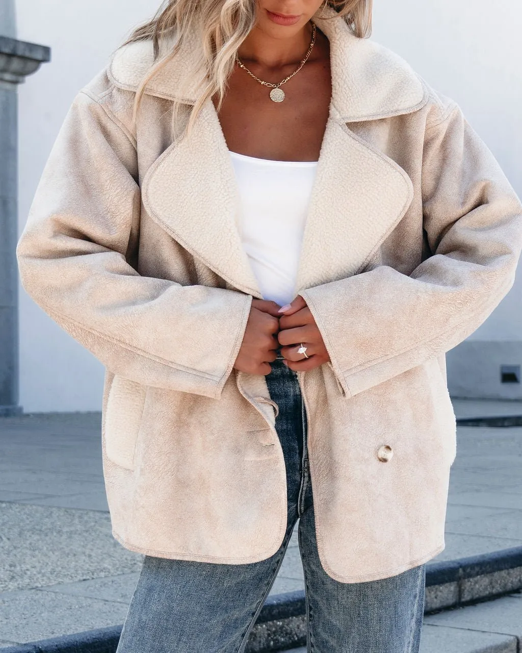 Muse By Magnolia Faux Suede Sherpa Jacket - Beige