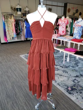 Rust Pleated Tiered Dress