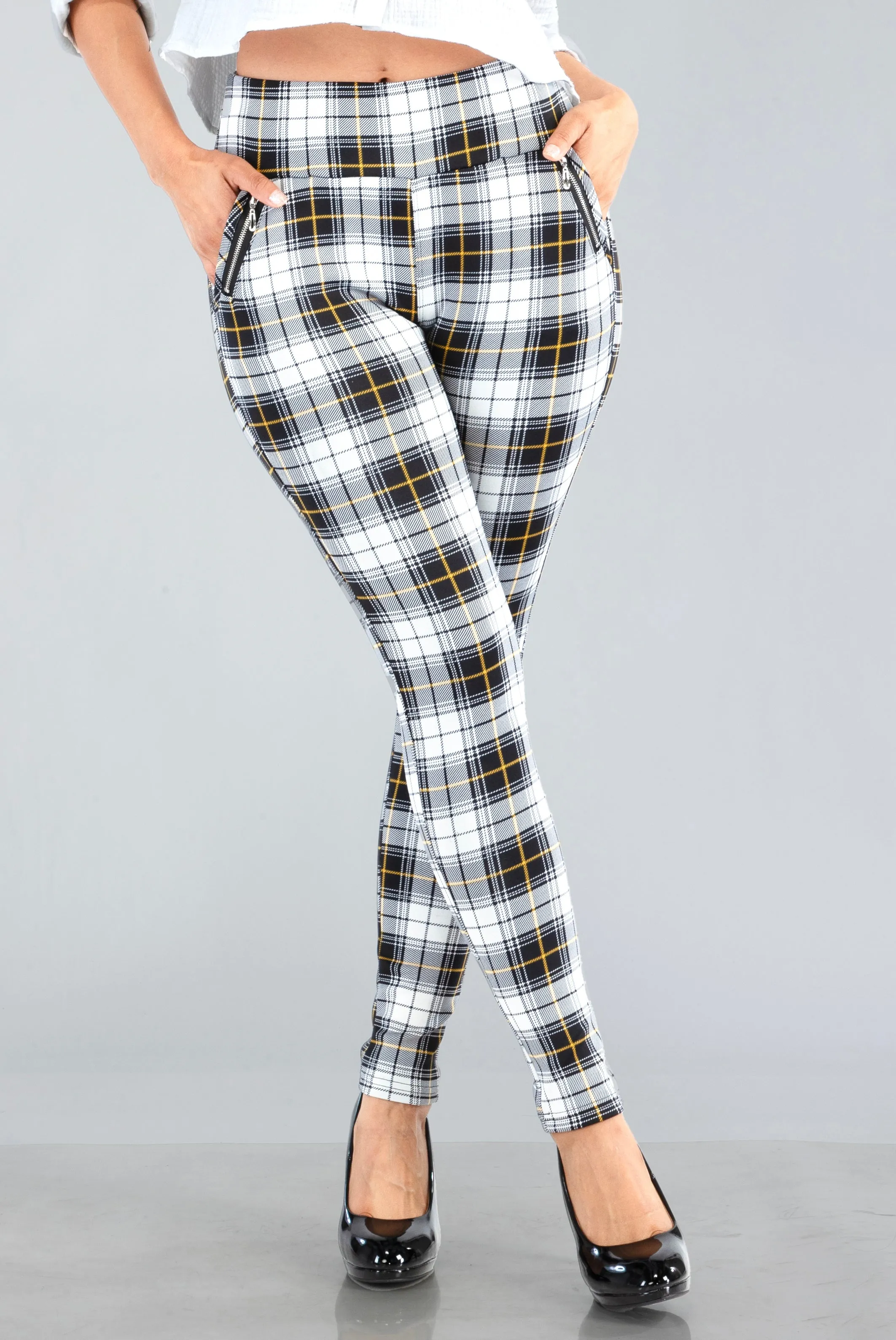 Tregging Skinny Pants With Zipper Pockets - White, Black, Mustard Plaid