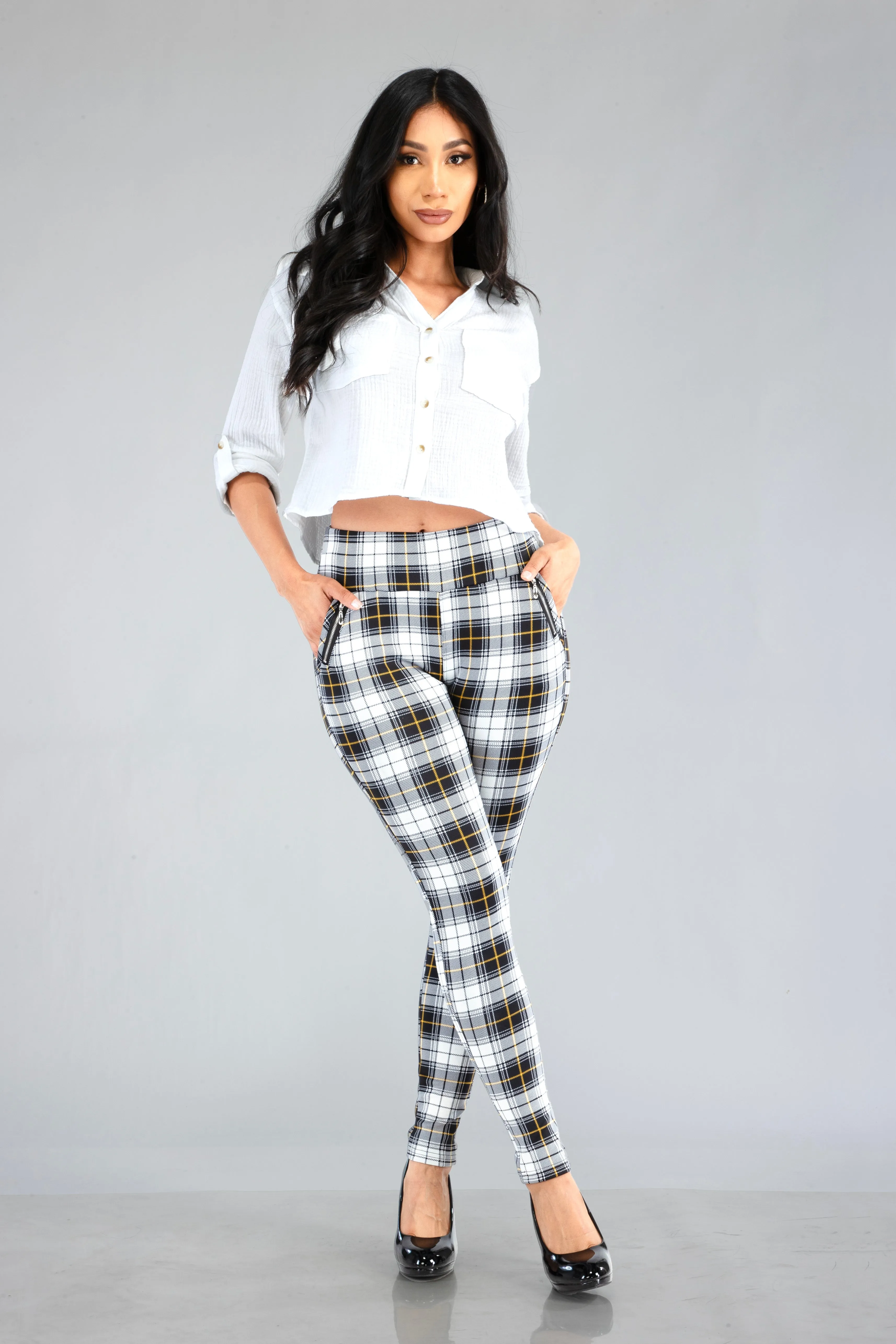 Tregging Skinny Pants With Zipper Pockets - White, Black, Mustard Plaid