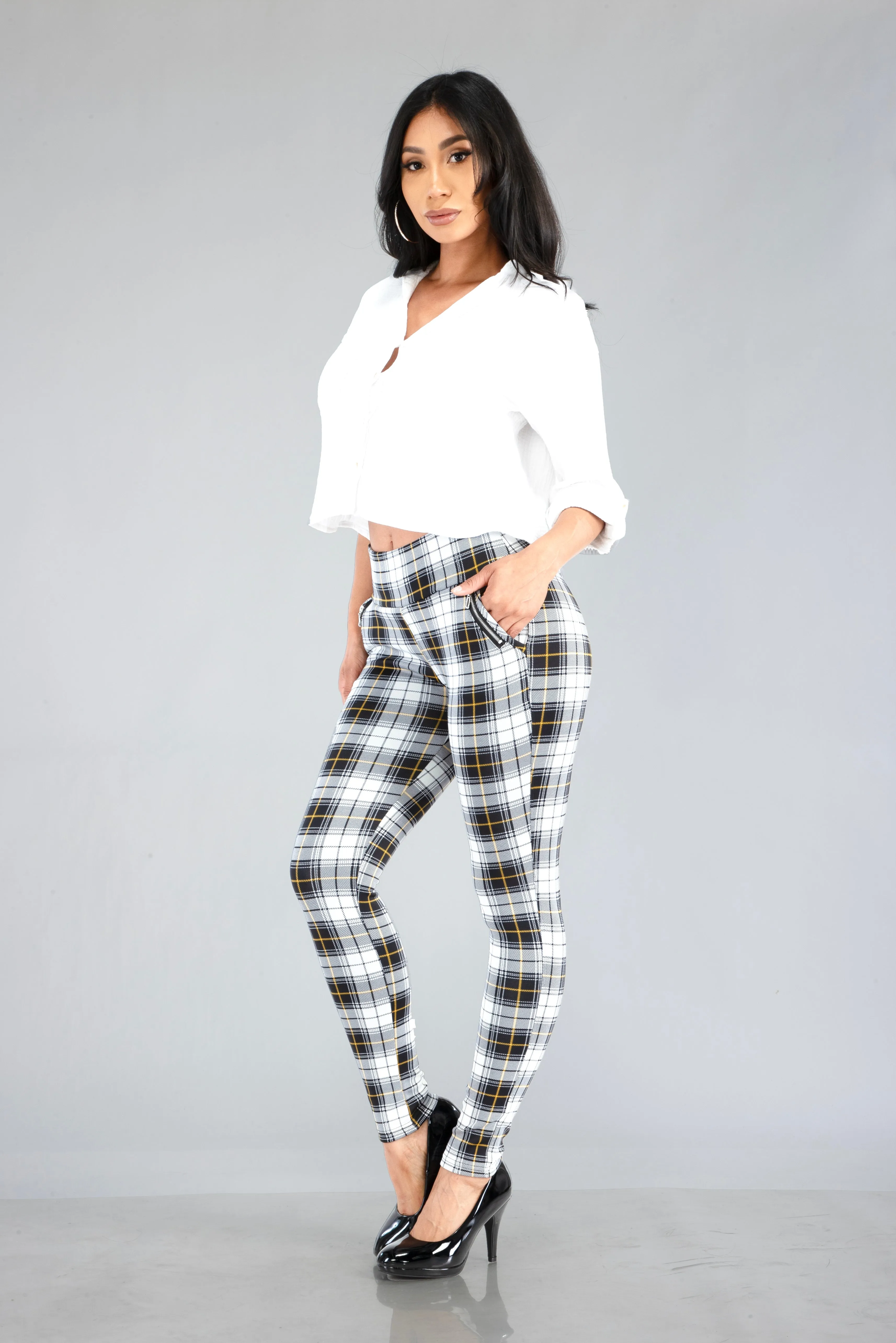 Tregging Skinny Pants With Zipper Pockets - White, Black, Mustard Plaid