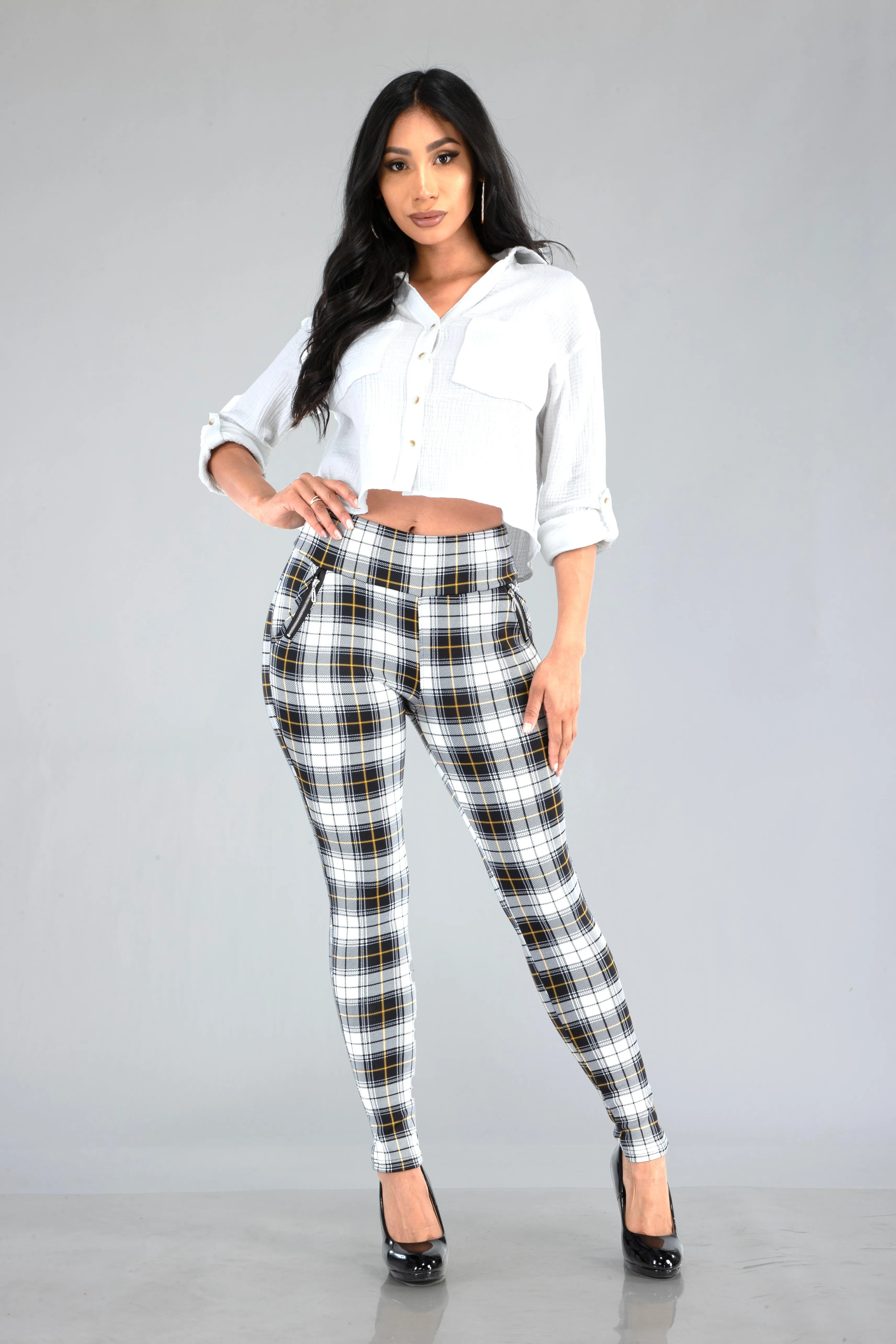 Tregging Skinny Pants With Zipper Pockets - White, Black, Mustard Plaid