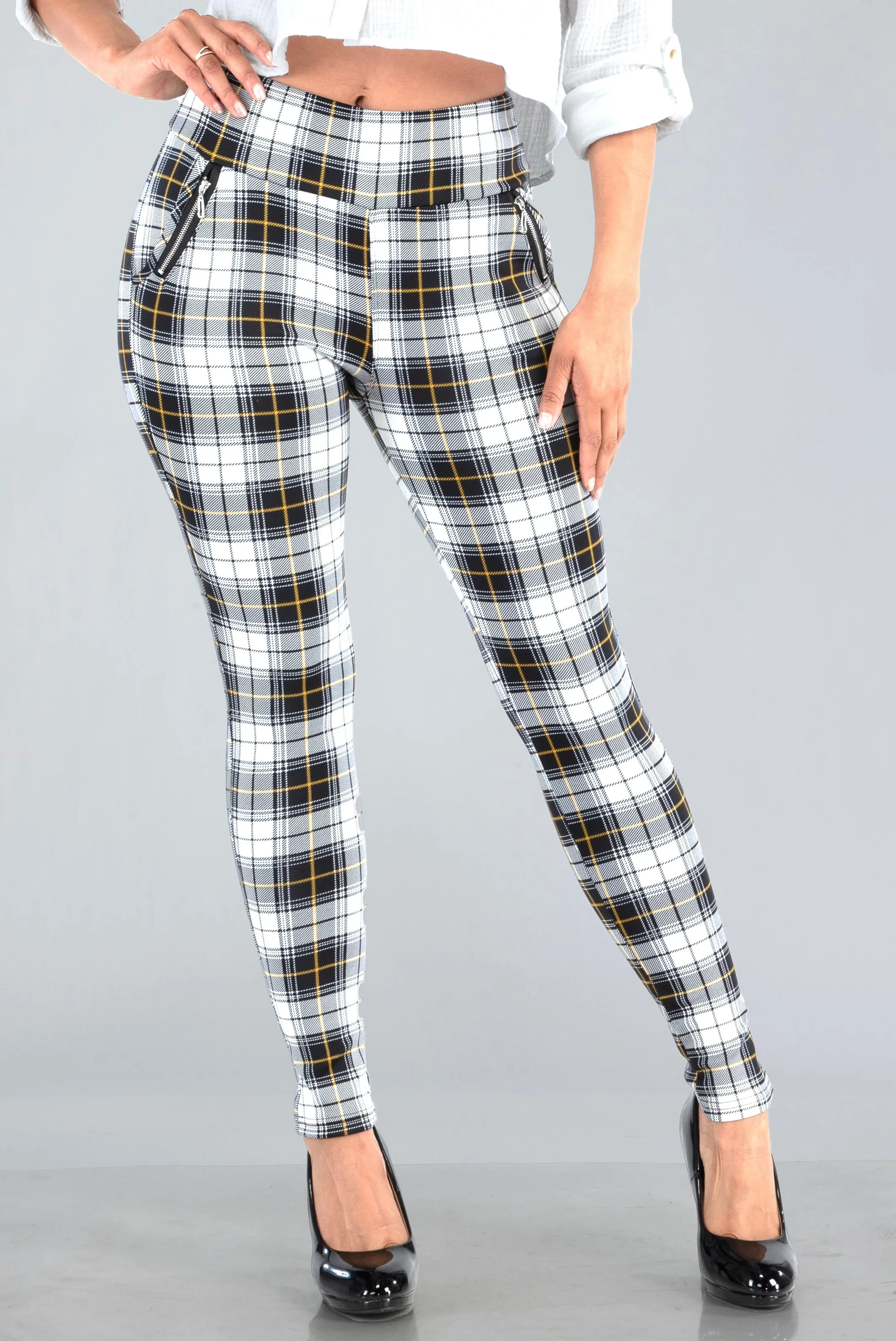 Tregging Skinny Pants With Zipper Pockets - White, Black, Mustard Plaid