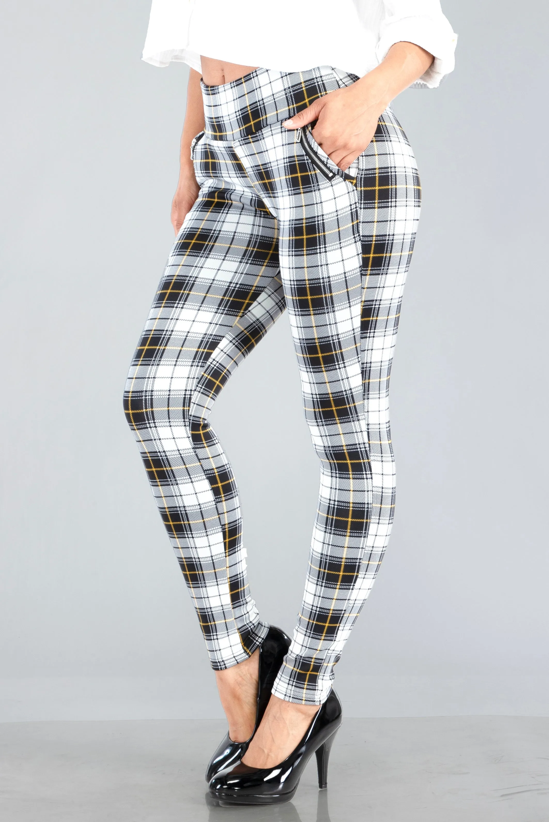 Tregging Skinny Pants With Zipper Pockets - White, Black, Mustard Plaid