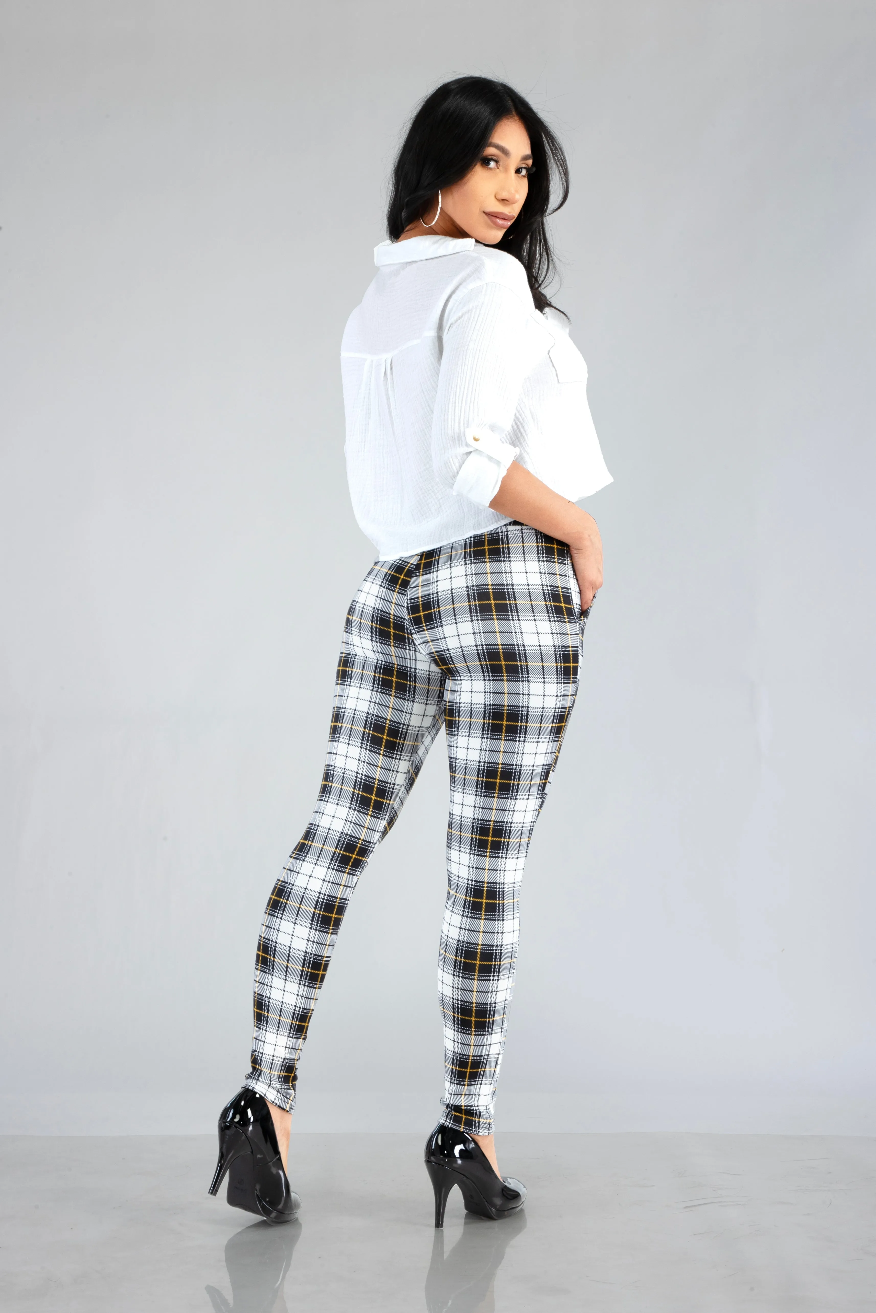 Tregging Skinny Pants With Zipper Pockets - White, Black, Mustard Plaid