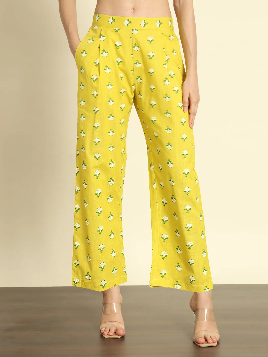 Yellow Floral Print Linen Pants