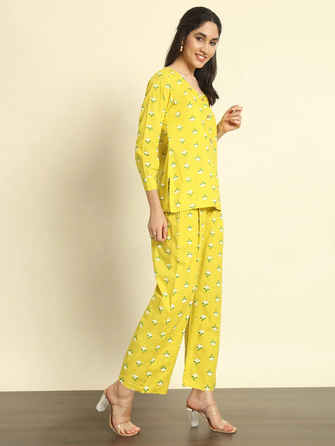 Yellow Floral Print Linen Pants