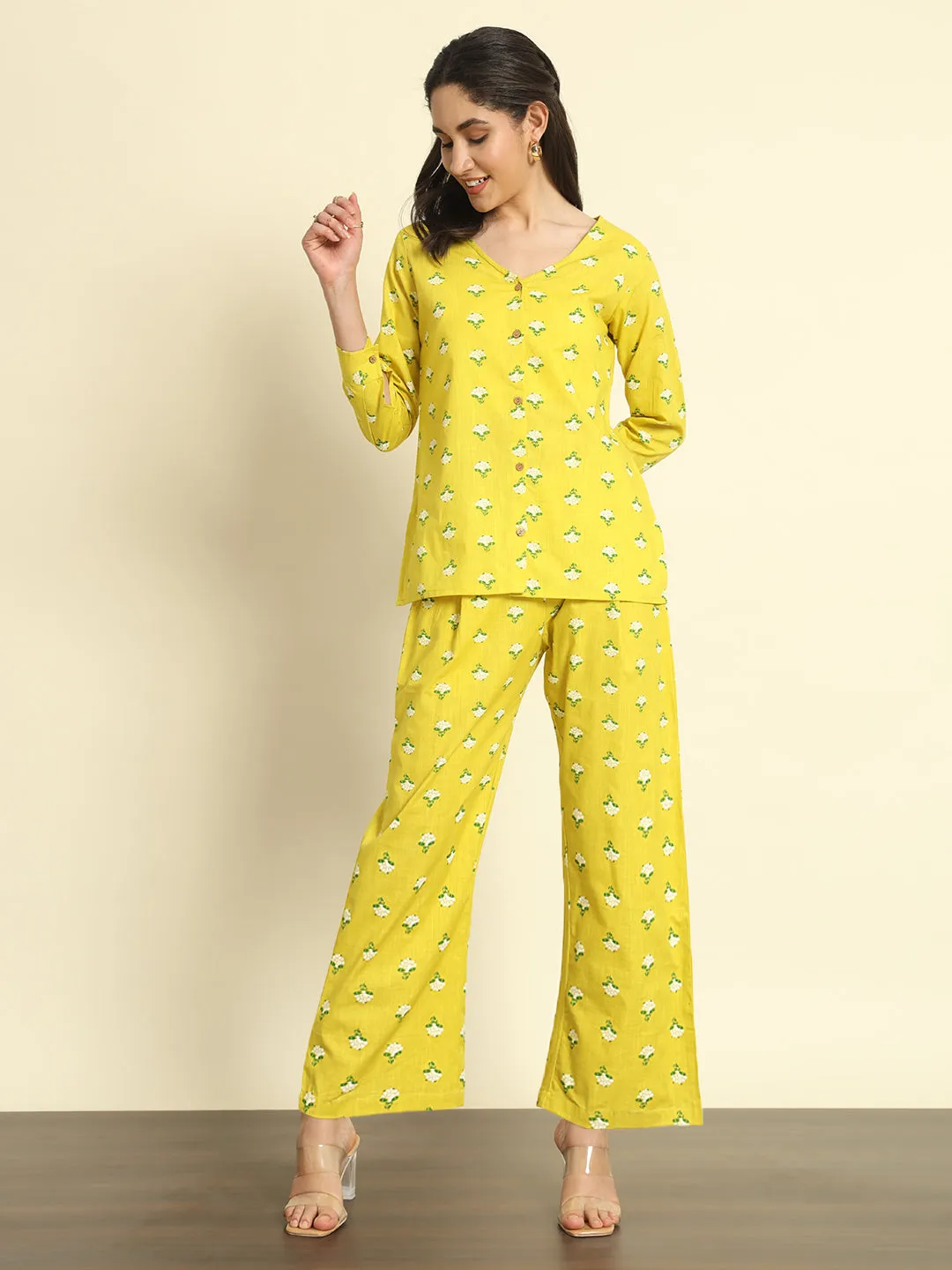 Yellow Floral Print Linen Pants